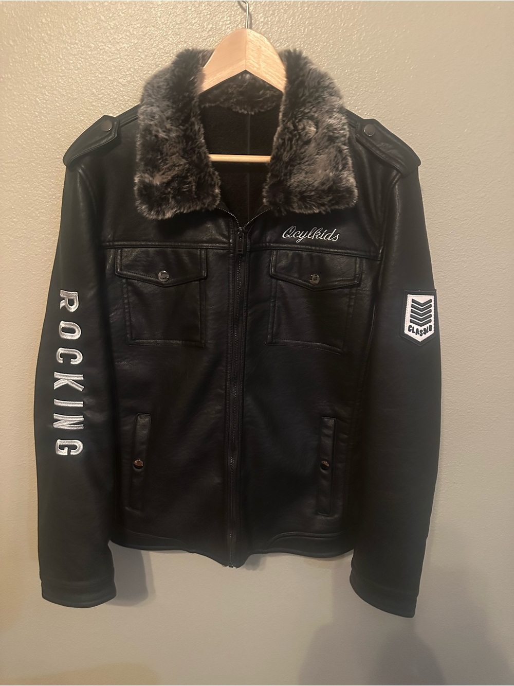 Men's Black Faux Leather Jacket with Faux Fur Collar